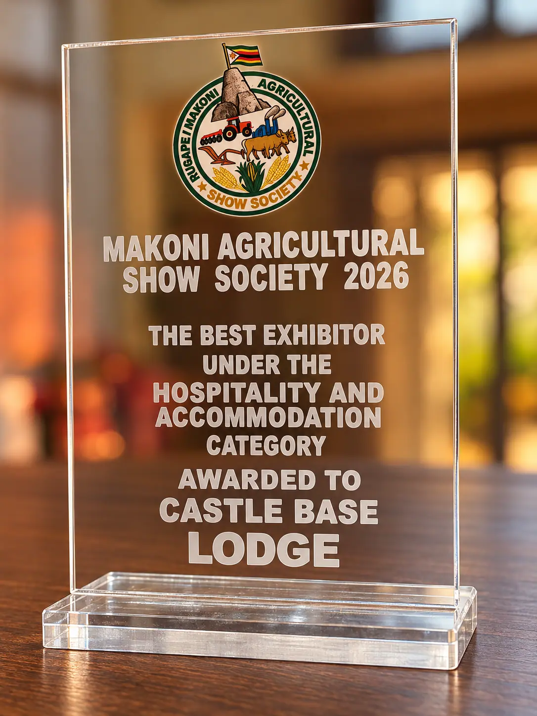 Clear acrylic award engraved: Makoni Agricultural Show Society 2026, the best exhibitor under the hospitality and accommodation category, awarded to Castle Base Lodge
