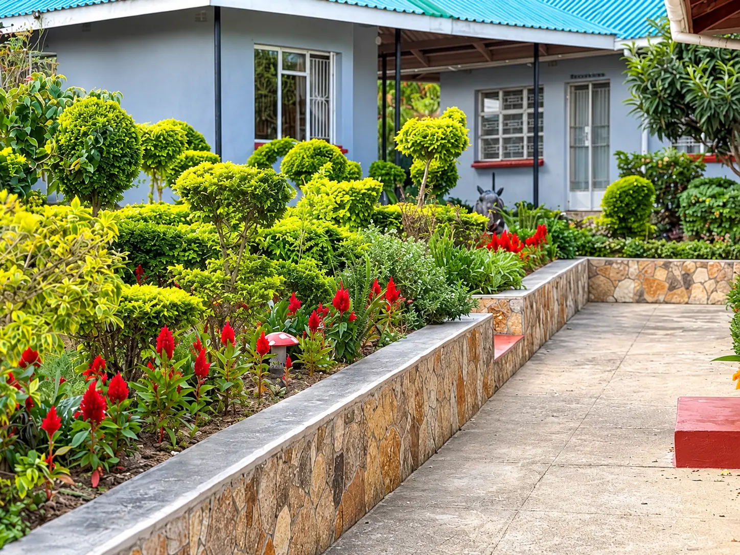 Red flowers and clipped topiary in a raised stone bed beside a paved walkway