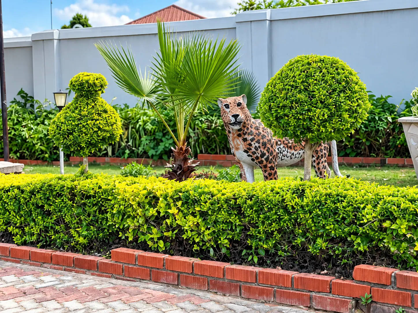 A painted leopard sculpture among topiary and a palm behind a low hedge